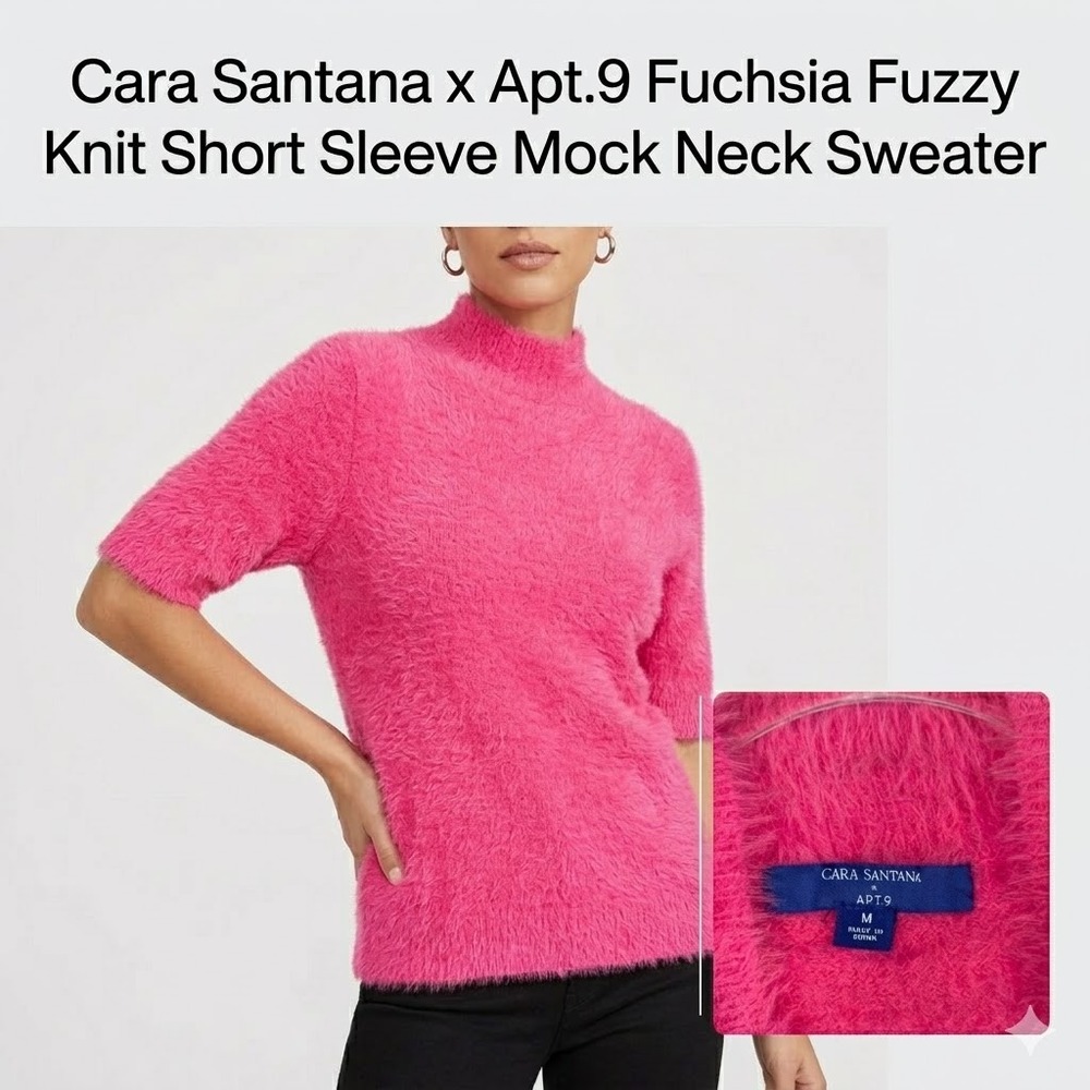 Cara Santana x Apt. 9 Fuchsia Fuzzy Knit Short Sleeve Mock Neck Sweater Womens M